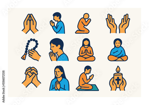 prayer poses and gestures modern flat style. folded hands, praying person, kneeling figure, hands raised, prayer beads, bowed head, meditative pose, prayer circle, hands