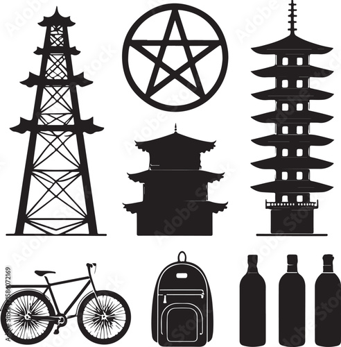 Black silhouettes of pagodas pentagram bicycle backpack bottles