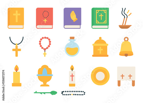 priest sacred objects and books modern flat style. Bible, hymn book, prayer book, missal, breviary, cross necklace, rosary beads, holy oil bottle, incense sticks, candle