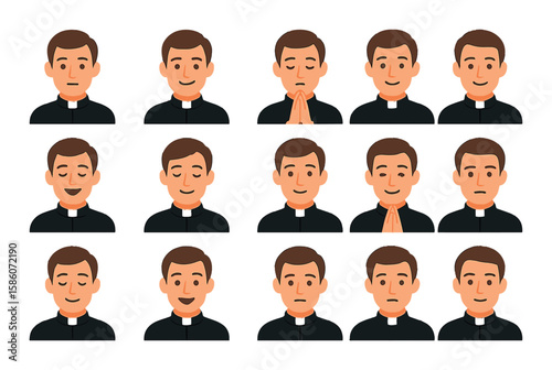 priest facial expressions and emotions modern flat style. calm face, smiling face, praying face, serious face, joyful face, peaceful expression, contemplative look