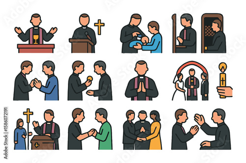 priest activities and ceremonies modern flat style. performing mass, giving sermon, baptism, confession, blessing hands, offering communion, praying, reading scripture