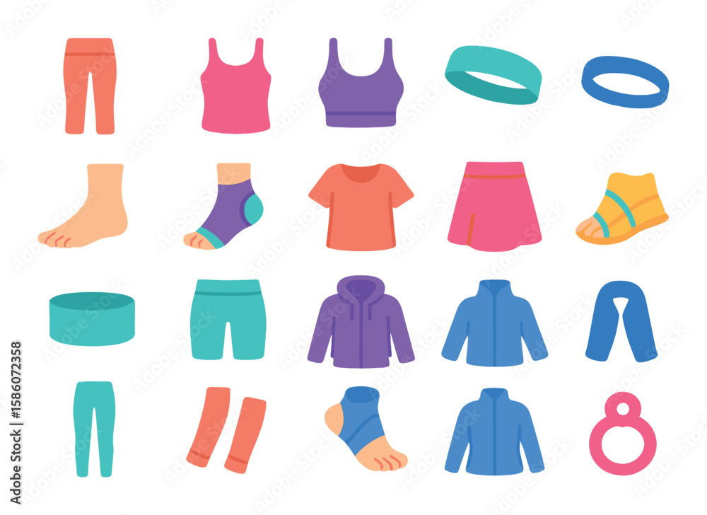 yoga attire and clothing modern flat style. yoga pants, tank top, sports bra, headband, barefoot, yoga socks, loose shirt, yoga skirt, wristband, yoga shorts, hoodie yoga attire and clothing modern flat style. yoga pants, tank top, sports bra, headband, barefoot, yoga socks, loose shirt, yoga skirt, wristband, yoga shorts, hoodie