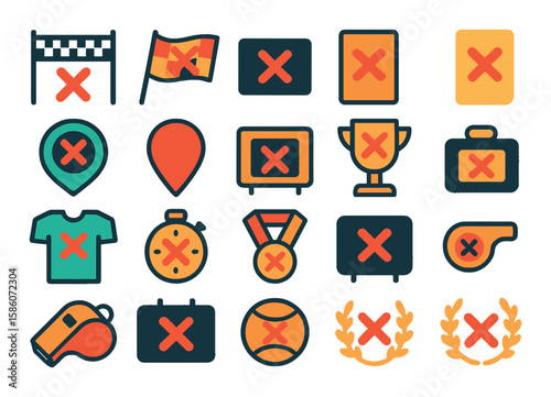 crosses in sports and competition modern flat style. finish line cross, referee flag cross, score cross, penalty cross, target cross, cross finish marker, cross sign in