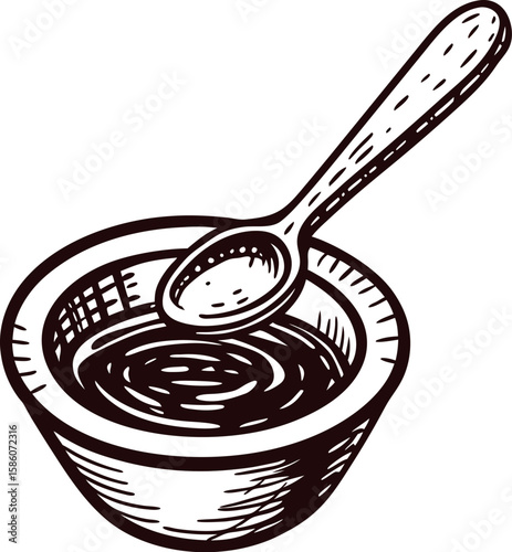 Hand drawn vintage wooden bowl with spoon sketch illustration, rustic kitchen utensil engraving