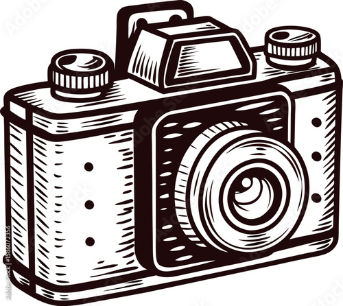 Hand drawn retro camera isolated on white vintage engraved illustration with textured details and mechanical buttons