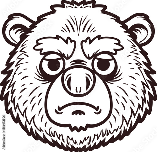 Illustration of fierce bear head with serious expression, detailed black line art on white background