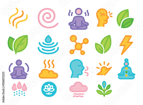 aromatherapy symbols and effects modern flat style. scent waves, fragrance swirl, relaxation symbol, stress relief icon, healing leaf, calm water, essential oil molecule