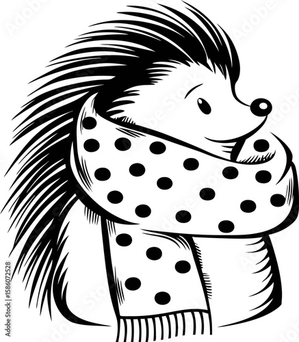 Cute hedgehog in polka dot scarf black and white illustration with detailed spines and winter accessory