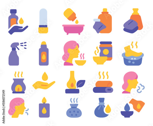 aromatherapy application methods modern flat style. massage oil, inhaler stick, bath oil, compress pack, spray mist, roll-on applicator, facial steam, body scrub, oil