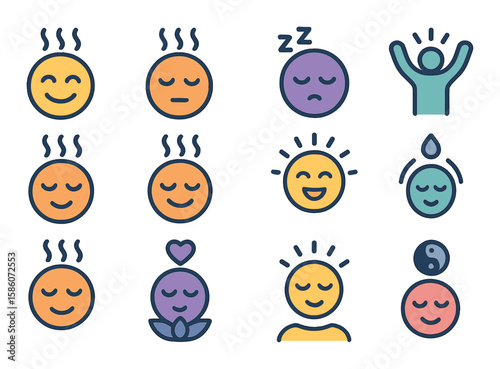 aromatherapy emotions and moods modern flat style. happy face, calm expression, sleepy face, energized person, focused face, relaxed smile, joyful emotion, stress relief