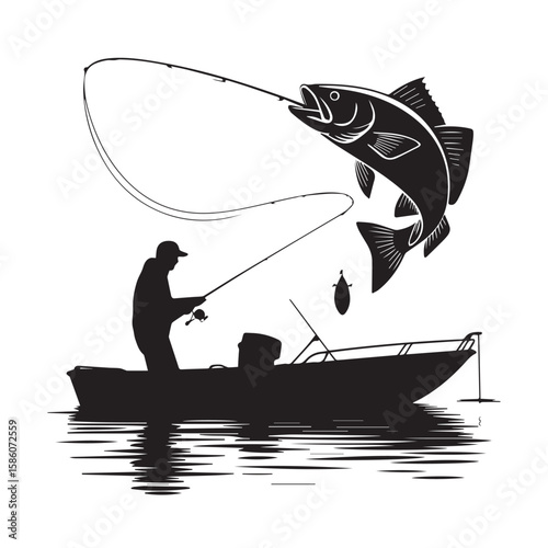 Vector art of a fisherman in a boat catches a large fish, silhouetted against the water isolated on white background