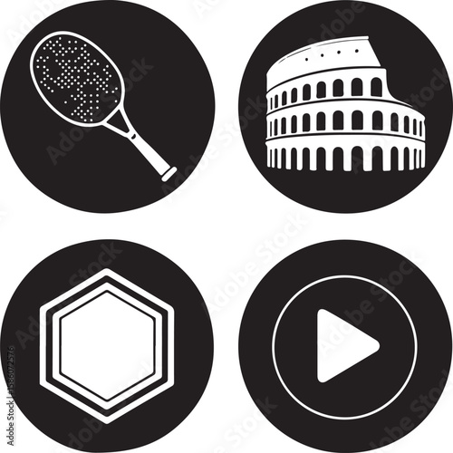 Four black circles with white icons tennis racket coliseum hexagon play button
