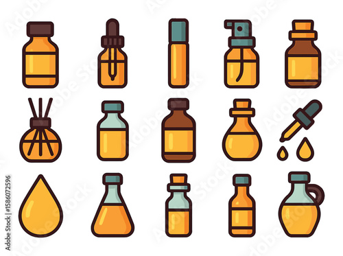 aromatherapy oils and bottles modern flat style. essential oil bottle, dropper bottle, roller bottle, spray bottle, diffuser bottle, glass vial, amber bottle, corked