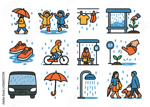 rainy season daily activities modern flat style. walking with umbrella, children jumping in puddles, drying wet clothes, rain hitting window, soaked shoes, cycling in