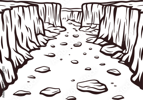 Hand drawn rocky canyon landscape with eroded cliffs and scattered stones illustration
