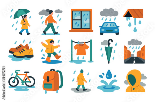 cloudy daily life and activities modern flat style. person with umbrella, walking in rain, rainy window, dripping roof, wet shoes, puddle jumping, drying wet clothes