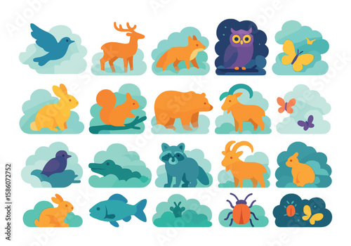 cloudy animals and wildlife modern flat style. bird flying in fog, deer in mist, fox in cloudy forest, owl in cloudy night, rabbit in fog, squirrel on cloudy branch, bear