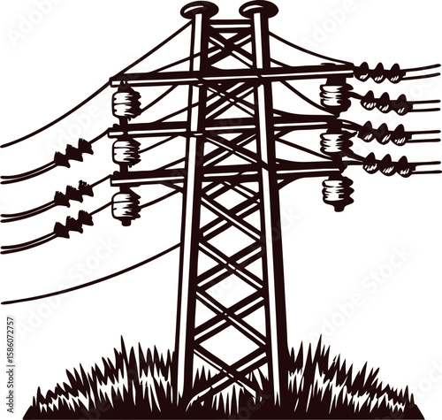 Vintage hand drawn illustration of high voltage power transmission tower with insulators and cables on grassy ground