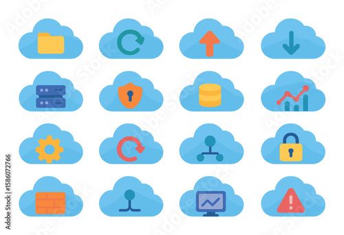 cloudy technology and interface modern flat style. cloud storage, cloud sync, cloud upload, cloud download, cloud server, cloud security, cloud data, cloud analytics
