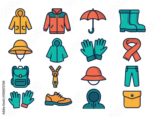 cloudy clothing and accessories modern flat style. raincoat, waterproof jacket, umbrella, rain boots, waterproof hat, rain poncho, waterproof gloves, rain scarf