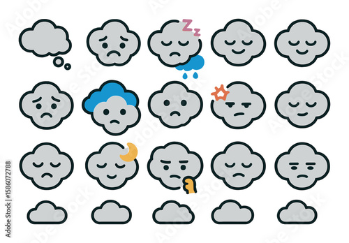 cloudy emotions and moods modern flat style. cloudy thought bubble, cloudy worried face, cloudy sleepy face, cloudy calm expression, cloudy anxious face, cloudy day mood
