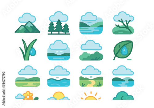 cloudy nature and environment modern flat style. cloud over mountain, cloud over forest, foggy valley, misty lake, dew on grass, cloudy sky reflection, foggy tree branch