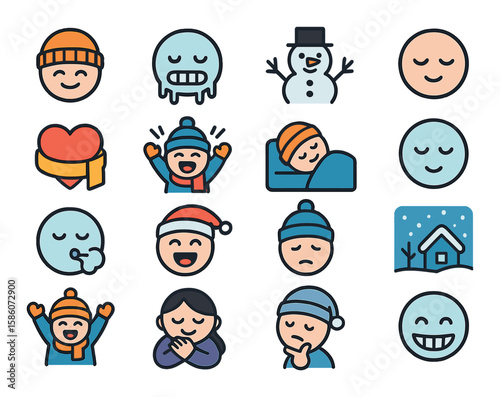 winter emotions and moods modern flat style. cozy smile, shivering face, happy snowman, peaceful expression, warm heart, excited child, relaxed winter, content face, cold