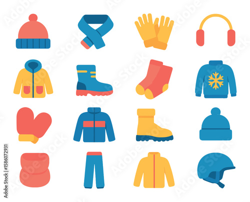 winter clothing and accessories modern flat style. wool hat, scarf, gloves, earmuffs, winter coat, snow boots, thermal socks, sweater, mittens, insulated jacket, winter