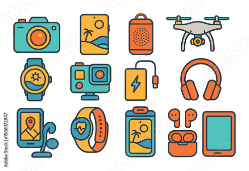 summer technology and gadgets modern flat style. camera, smartphone with beach wallpaper, portable speaker, drone, smartwatch, action camera, power bank, headphones, GPS