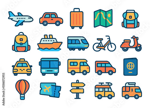 summer travel and transportation modern flat style. airplane, car, suitcase, travel map, backpack, cruise ship, train, bicycle, taxi, bus, camper van, scooter, hot air
