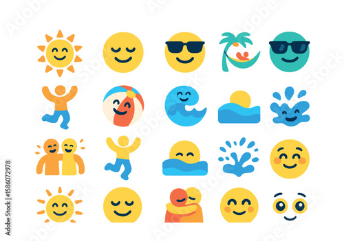 summer emotions and moods modern flat style. smiling sun, relaxed face, happy face with sunglasses, cool face, joyful dancing, smiling beach ball, cheerful waves
