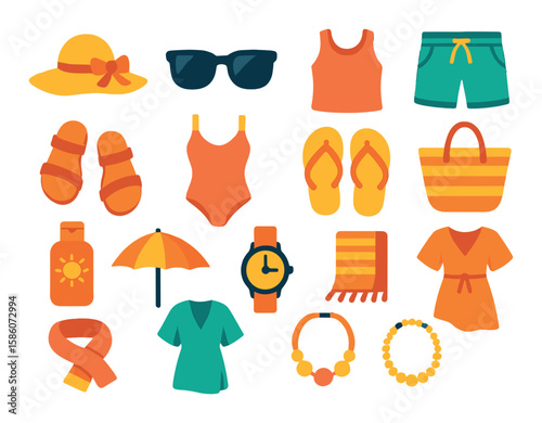 summer clothing and accessories modern flat style. sun hat, sunglasses, tank top, shorts, sandals, swimsuit, flip flops, beach bag, sunscreen bottle, parasol, wristwatch