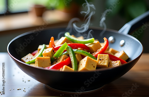 steaming wok takes center stage filled tender cubed tofu vibrant bell peppers pop juicy red green toasted sesame