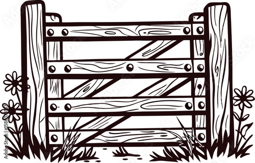 Rustic wooden farm gate with wildflowers, hand drawn sketch in vintage engraved style, isolated on white background