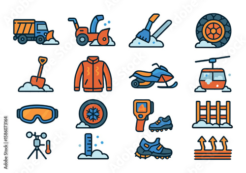 snow in technology and equipment modern flat style. snow plow, snow blower, ice scraper, snow chains, snow shovel, heated jacket, snowmobile, ski lift, snow goggles