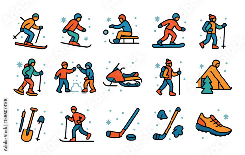 snow in sports and outdoor activities modern flat style. skiing, snowboarding, sledding, ice skating, snowshoeing, snowball fight, snowmobile, winter hiking, snow tubing