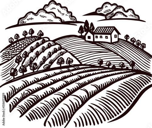 Vintage engraved illustration of rural farmland landscape with rolling hills, farmhouse, and fields under cloudy sky