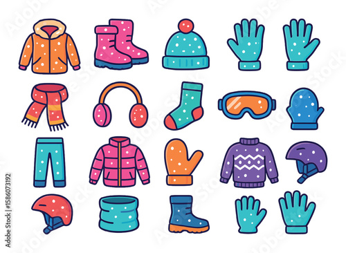 snow in clothing and accessories modern flat style. winter coat, snow boots, wool hat, gloves, scarf, earmuffs, thermal socks, ski goggles, snow pants, insulated jacket