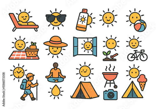sun in daily activities modern flat style. sunbathing, sunglasses, sunscreen bottle, beach ball, picnic under sun, sun hat, open window with sun, garden watering under
