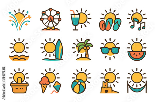 sun in holidays and celebrations modern flat style. sun with fireworks, summer festival, sun with cocktail, sun with flip flops, beach party, sun with surfboard, sun with