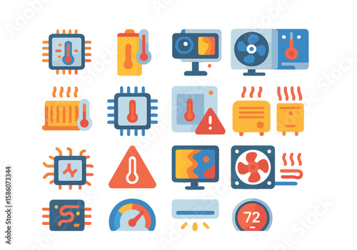 temperature in technology and electronics modern flat style. CPU temperature, battery temperature, thermal camera, cooling fan, heat sink, temperature sensor chip