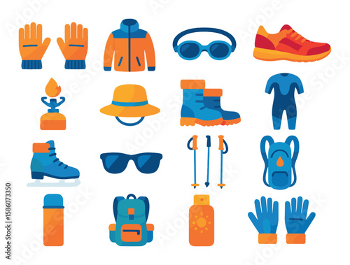 temperature in sports and outdoor activities modern flat style. skiing gloves, hiking jacket, swimming goggles, running shoes, camping stove, sun hat, snow boots, wetsuit