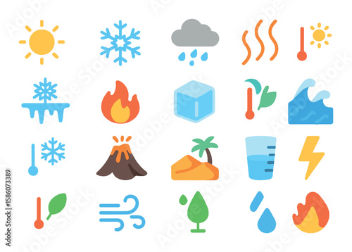 temperature in weather and nature modern flat style. sun, snowflake, cloud with rain, heat waves, frost, fire, ice cube, thermometer with sun, thermometer with snowflake