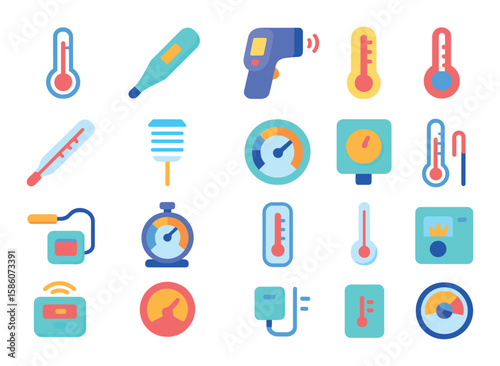 temperature measurement tools modern flat style. thermometer, digital thermometer, infrared thermometer, mercury thermometer, clinical thermometer, weather station sensor