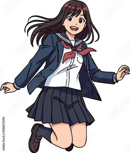 元気な日本の女子学生キャラクター - フラットデザインアニメスタイル