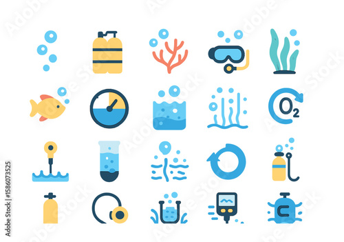 oxygen in aquatic environments modern flat style. oxygen bubbles, underwater diver oxygen tank, coral reef releasing oxygen, aquatic plant oxygen, fish breathing oxygen