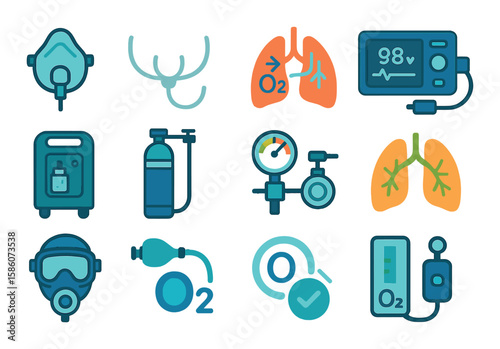 oxygen therapy and health symbols modern flat style. oxygen mask, oxygen nasal cannula, lungs with oxygen flow, oxygen saturation monitor, oxygen therapy device, oxygen