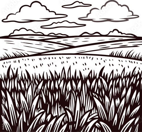 Hand drawn countryside field landscape with grass and clouds vintage rural farmland mountain scene illustration