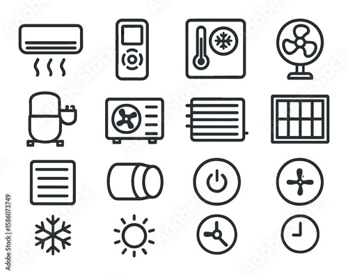air conditioner, remote control, thermostat, cooling fan, compressor, condenser, evaporator, air filter, vent, duct, temperature sensor, power button, snowflake symbol