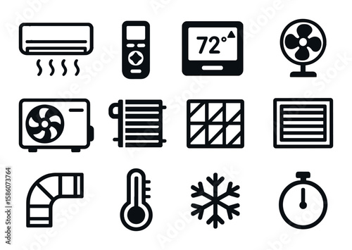 air conditioner, remote control, thermostat, cooling fan, compressor, condenser, evaporator, air filter, vent, duct, temperature sensor, power button, snowflake symbol